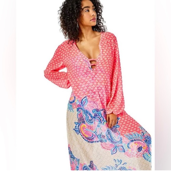 🦄 RARE Lilly Pulitzer Frey Maxi Dress Coral Spritz Beach Bungalow Engineered - Picture 2 of 5
